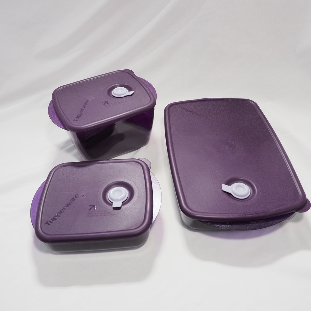 Tupperware Vent n Serve Food Storage 3 Piece Set Purple Microwave Bowls Lids